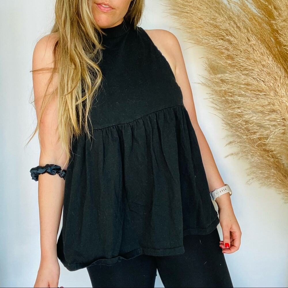 FP FREE PEOPLE Black High Neck Open Back Babydoll Cupcake Tank Top Shirt S Tunic